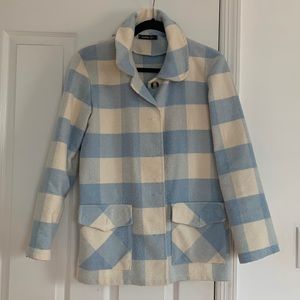 BOOHOO BLUE AND TAN CHECKERED LIGHTWEIGHT BUTTON UP PEA COAT